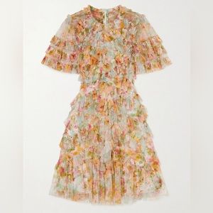 Needle & Thread Sunset Garden Ruffled Floral Mini Dress- Orange Sz6